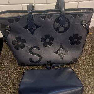 Navy Blue Monogram-Style Tote Bag w/ Matching Pouch — Large Shopper